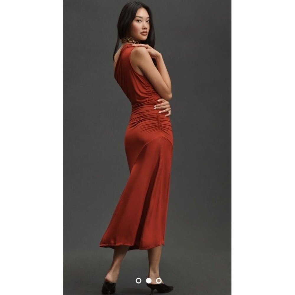 By Anthropologie Asymmetrical Slim Midi Dress Wine Orange Red Cocktail Chic Sexy